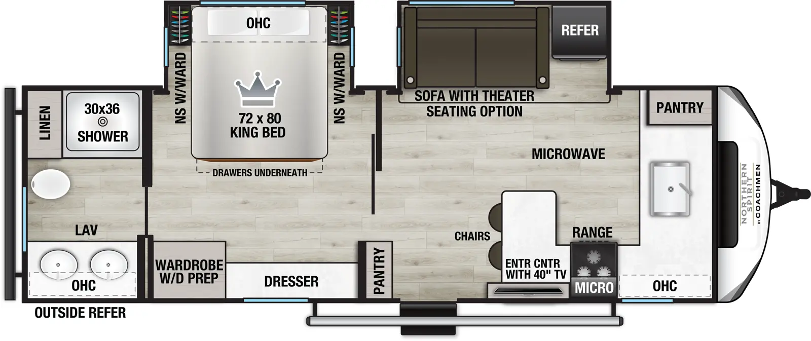 The Northern Spirit 2565FK floorplan has one entry and two slide outs. Exterior features include: fiberglass exterior and 18' awning. Interiors features include: front kitchen and rear bathroom.